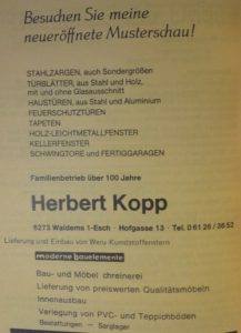 Anzeige "Schreinerei Herbert Kopp", Festschrift "100 Jahre Chrogesang in Esch, 1983