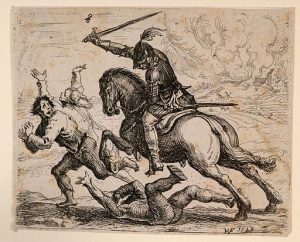 "Der geharnischte Reiter" von Hans Ulrich Franck ([1]) [Public domain], via Wikimedia Commons - Ein Reiter mit Rüstung verfolgt im Dreißigjährigen Krieg flüchtende Bewohner, nachdem deren Dorf ausgeplündert worden war.